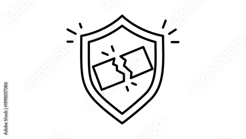 Crisis Management and Security Breach Concept: Minimalist Black Line Vector Icon of a Shield with a Broken Center Piece, Featuring Editable Stroke for Customizable Line Weight and Scalability
