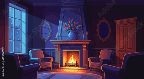 A cozy richly decorated room features a fireplace ornate furniture and a vibrant floral arrangement