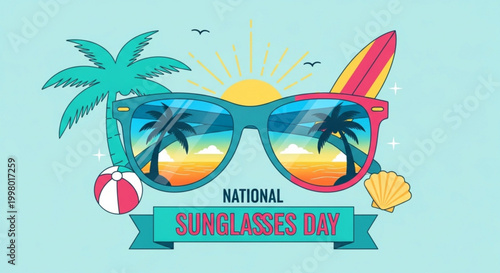 Colorful sunglasses reflecting tropical beach scene with palm trees surfboard and sunset on a vibrant blue background for summer fun
