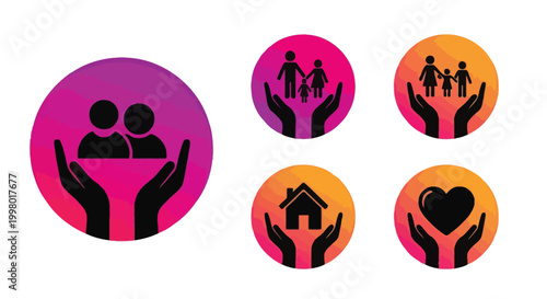 Colorful circular icons depict hands cradling families a house and a heart symbolizing care and protection