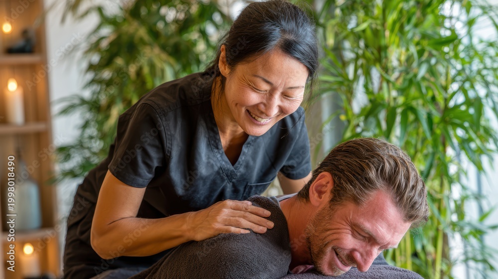 Fototapeta premium Asian woman therapist provides back massage therapy, therapist hands and face treatment in spa for relax,Massaging the body and mind,popular tourist in thailand.