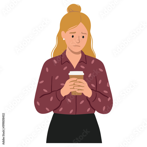 Woman holds coffee cup and looks down with sad expression on face