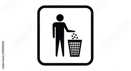 A simple black and white pictogram depicting a person discarding waste into a designated trash receptacle