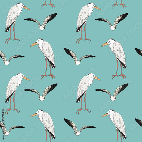 White storks and seagulls flying seamless pattern