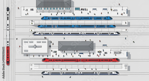 Top view of a busy train station with multiple platforms and trains.