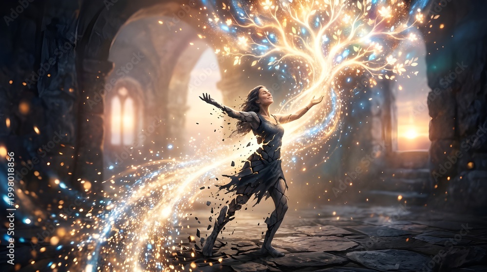 Fototapeta premium A fantasy figure channeling glowing energy representing inner strength, transformation, and empowerment.