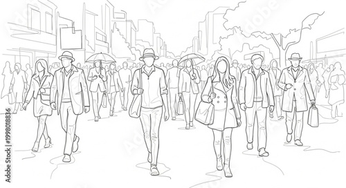 Sketch of a crowd of people walking in a city street.