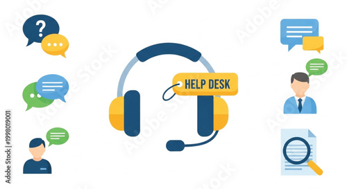 Blue vector set of business technology icons and music headphones symbols for web communication and internet design illustration