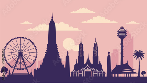 Detailed Bangkok city silhouette with riverside temples