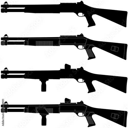 Semi automatic shotgun silhouette pack with and without attachments vector illustration