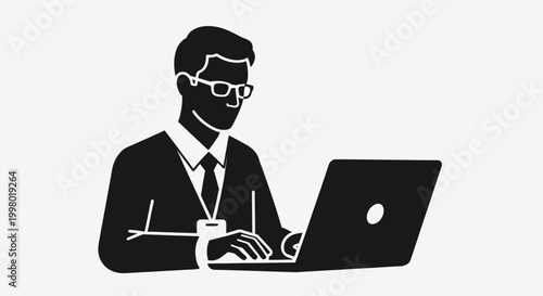 A monochrome illustration depicts a man in a suit using a laptop and smartwatch