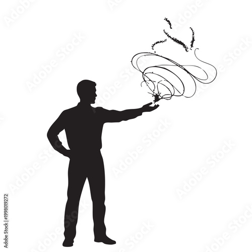 Silhouette of a man with his hand extended, creating a swirling abstract pattern of lines and shapes above his palm, depicting creative energy or mind power