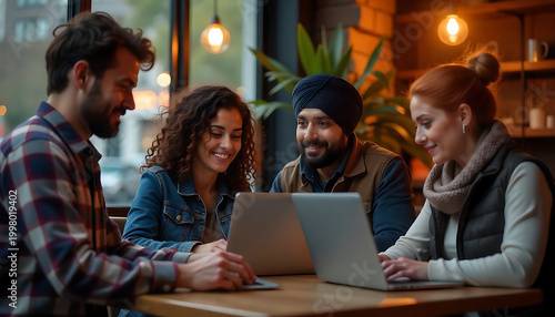 Diverse team collaborates on laptops. 4K, HD