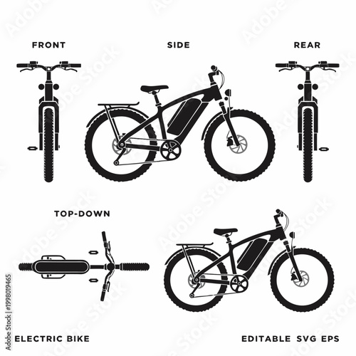 Electric bicycle technical illustrations: front side rear top-down views with electric bike e bike technical drawing lithium battery pedal assist two wheels eco friendly black and white