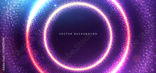 Glowing Neon Circular Ring Background with Sparkling Light Particles.