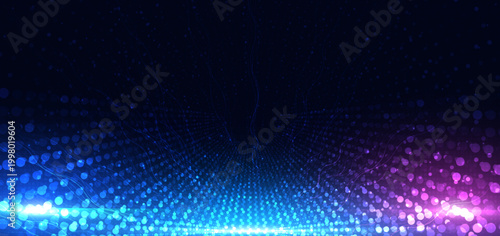 Abstract cyberspace tunnel with light dots futuristic technology backdrop on dark background.