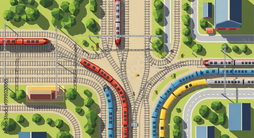 Aerial View of a Busy Train Station Crossroads with Multiple Tracks and Trains.