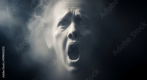Eerie Ghostly Face with Open Mouth Surrounded by Smoke in Dark Atmosphere