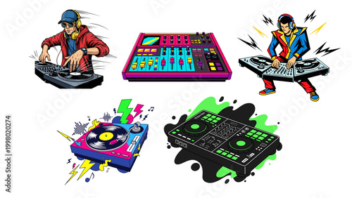 Female DJ character performing on a turntable station and professional silver headphones set. Creative music producer illustration for podcast, radio, and electronic music branding.