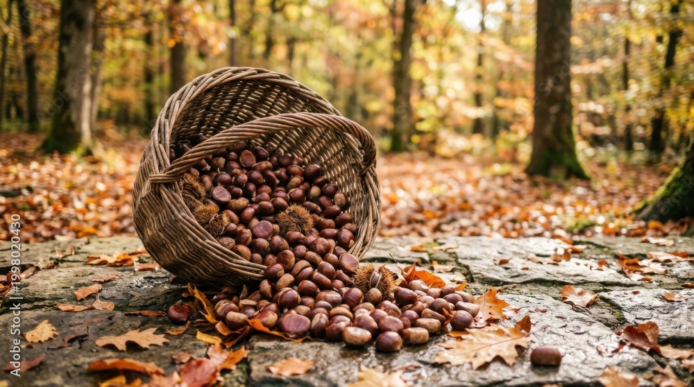 Fototapeta premium Basket of chestnuts spilling onto the forest floor in autumn.
