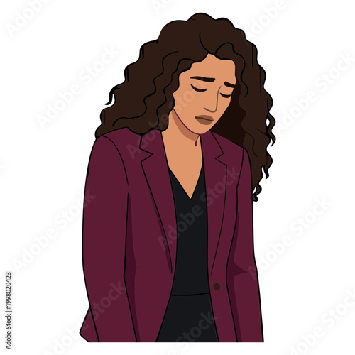 Woman wearing a purple blazer looks down with sadness and concern