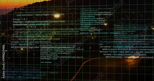 Displaying green grid overlay with code text over coastal twilight, on water and shore lights