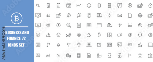 Business and Finance Icons Set with Cryptocurrency, Banking, Marketing and Analytics Symbols in Clean Thin Line Style for Web, App, UI and Infographic Vector
