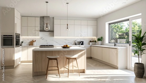 Modern kitchen with island and stools.