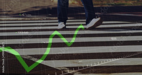 Stepping person in dark pants and white sneakers crossing zebra crosswalk, with green chart overlay