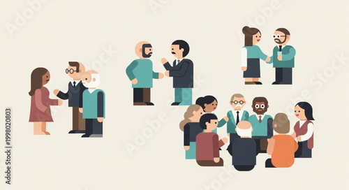 Diverse group of people in casual conversation and meeting settings.