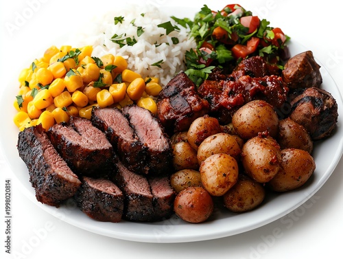 A delicious plate featuring slices of smoked beef, accompanied by seasoned potatoes, corn, fresh salsa, and rice. Perfect for showcasing culinary skills and appetizing meals.