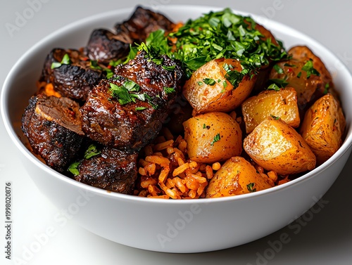 A delicious bowl of spiced grilled meat served with flavorful potatoes and rice, garnished with fresh herbs for an inviting and mouth-watering presentation.