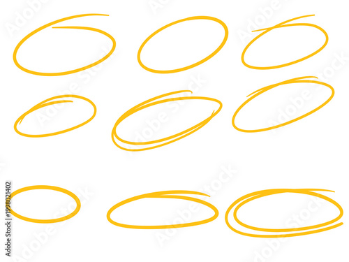 Hand-drawn yellow circle markers and oval highlight swooshes set.