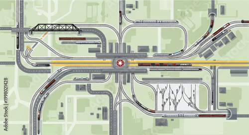 Aerial view of complex railway junction and transportation network.