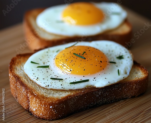 Delicious sunny-side up eggs served on golden-brown toast, garnished with fresh herbs. A perfect breakfast option that combines simplicity and flavor for a delightful morning meal.