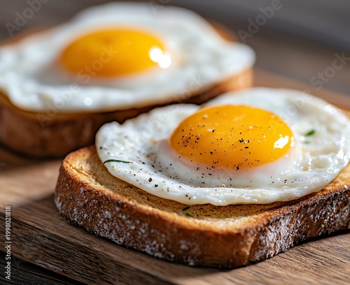 A close-up shot of perfectly fried eggs placed atop golden-brown toast, showcasing a rustic wooden background. The vibrant yolks and crispy edges create a tempting breakfast scene.