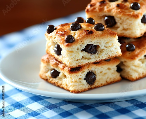 Delicious homemade dessert featuring moist and fluffy squares topped with chocolate chips, perfect for afternoon tea or a sweet treat. A delightful addition to any dessert table.