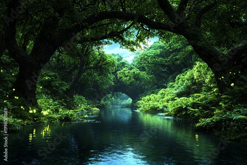 A serene forest scene featuring a tranquil river flowing through lush greenery, with towering trees arching overhead