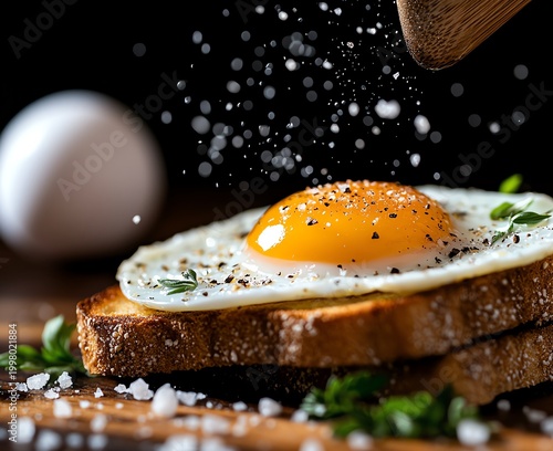 A delicious close-up shot of a sunny-side-up egg on toasted bread, seasoned with salt and pepper, representing a healthy and appetizing breakfast choice.