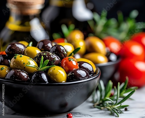 A vibrant display of assorted olives in a sleek black bowl, surrounded by fresh cherry tomatoes and olive oil, perfect for a Mediterranean-inspired culinary theme.