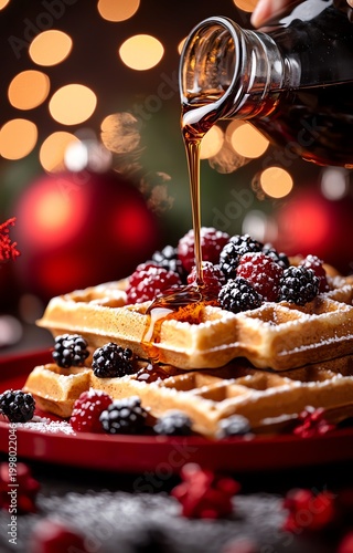 A close-up view of delicious waffles topped with fresh berries and drizzled with maple syrup, set against a festive bokeh background, perfect for holiday breakfasts and food photog