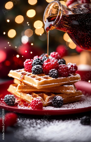 Indulge in a delicious stack of waffles topped with fresh berries and drizzled with syrup. Perfect for breakfast or dessert, this delightful treat brings joy to any occasion.