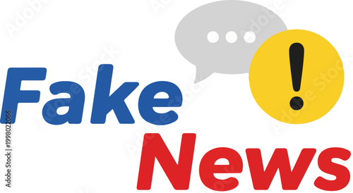 Fake News typography with warning exclamation mark icon, misinformation and propaganda concept vector, social media hoax and disinformation graphic