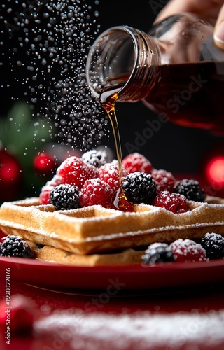 A delectable scene featuring fluffy waffles topped with fresh raspberries and blackberries