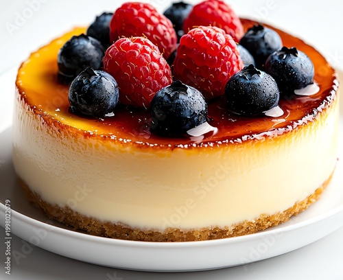 Delicious cheesecake topped with fresh raspberries and blueberries, presenting a creamy texture and golden crust. Perfect dessert to indulge in for any occasion.