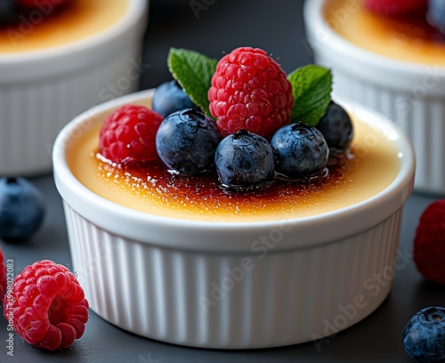 Delicious dessert featuring creamy custard topped with fresh berries and mint, perfect for any celebration or indulgence. A visually appealing treat that delights the senses.