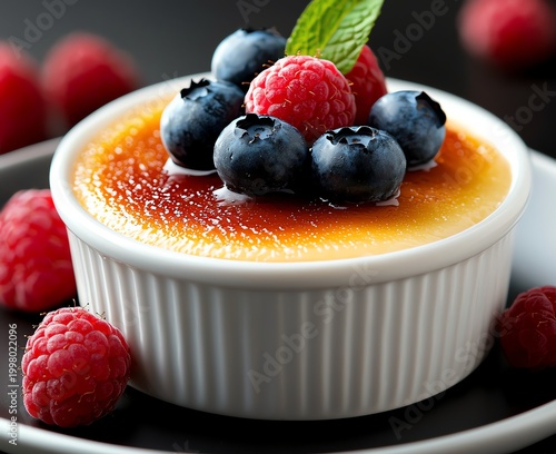 Delicious creme brulee topped with fresh blueberries and raspberries, elegantly presented in a white ramekin. A perfect dessert for gourmet dining or special occasions.