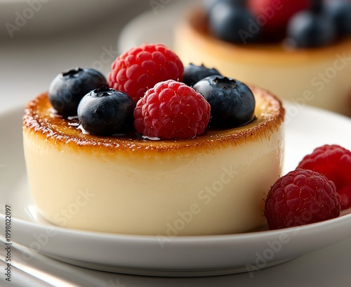 A delicious dessert featuring a creamy custard topped with fresh raspberries and blueberries, served on a delicate white plate. Perfect for sweet treats and gourmet recipes.