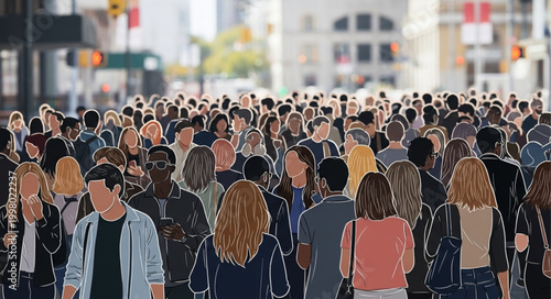 A large diverse crowd of people walking in a city street.