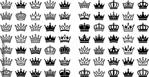 Crown Icon Collection Featuring Various Styles for Royalty, Fantasy, and Luxury Designs